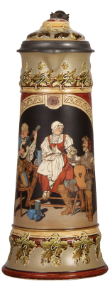 Mettlach stein, 3.0L, 16.8" ht., 2692, inlaid lid, mint.