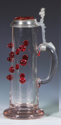 Glass stein, .5L, blown, cranberry prunts, glass inlaid lid, two tiny upper rim flakes. - 3