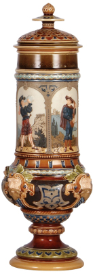 Mettlach pokal, 1.8L, 17.0'' ht., 1820, etched & decorated relief, set-on lid, mint.