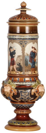 Mettlach pokal, 1.8L, 17.0'' ht., 1820, etched & decorated relief, set-on lid, mint.