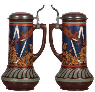 Mettlach stein, 2.6L, 14.2" ht., 2812, etched, St. Hubertus, inlaid lid, mint. - 2