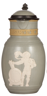 Mettlach stein, 1.8L, 3024, relief, inlaid lid, mint.