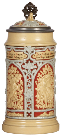 Mettlach stein, 1.0L, 24, relief, inlaid lid with small dog, mint.