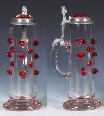 Glass stein, .5L, blown, cranberry prunts, glass inlaid lid, two tiny upper rim flakes. - 4