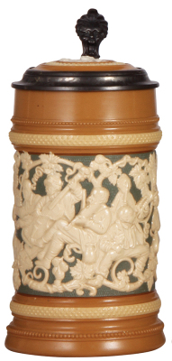 Mettlach stein, 1.0L, 485, relief, inlaid lid, mint.