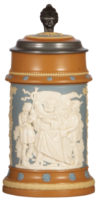 Mettlach stein, 1.0L, 202, relief, inlaid lid, mint.