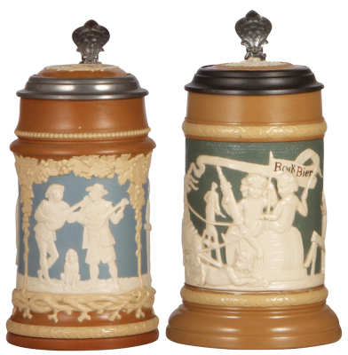 Two Mettlach steins, .5L, 2547, relief, inlaid lid, mint; with, .5L, 783, relief, inlaid lid, mint.
