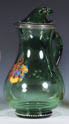 Glass pitcher, 10.1'' ht., blown, green, hand-painted coat-of-arms, matching glass inlaid lid, unusual bent over finial design forms thumblift, mint. - 4