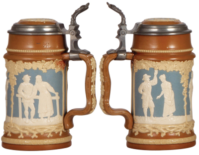 Two Mettlach steins, .5L, 2547, relief, inlaid lid, mint; with, .5L, 783, relief, inlaid lid, mint. - 2
