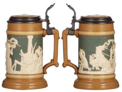 Two Mettlach steins, .5L, 2547, relief, inlaid lid, mint; with, .5L, 783, relief, inlaid lid, mint. - 3