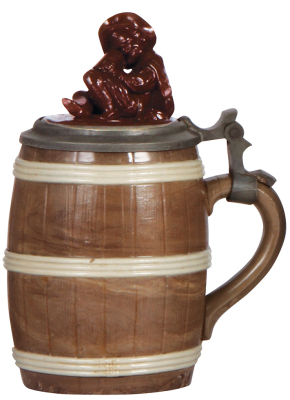 Mettlach stein, .5L, 675, inlaid lid with figural cavalier, mint.