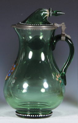 Glass pitcher, 10.1'' ht., blown, green, hand-painted coat-of-arms, matching glass inlaid lid, unusual bent over finial design forms thumblift, mint. - 5