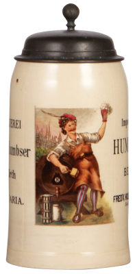Mettlach stein, .5L, 1909, PUG, Imported Humbser Beer, Brauerei Joh. Humbser Fürth Bavaria, pewter lid, mint.