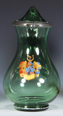 Glass pitcher, 10.1'' ht., blown, green, hand-painted coat-of-arms, matching glass inlaid lid, unusual bent over finial design forms thumblift, mint. - 6