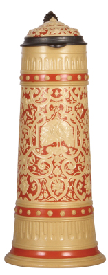 Mettlach stein, 3.8L, 17.5" ht., 2220, relief, by M. Hein, inlaid lid, mint.