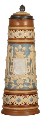 Mettlach stein, 3.3L, 17.5 ht., 1739, relief, by M. Hein, inlaid lid, mint.