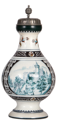 Mettlach stein, 5.0L, 17.7" ht., 5003, Faience, Nürnberg, pewter lid, mint.