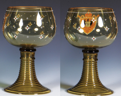 Glass goblet, 10.4'' ht., blown, amber, hand-painted, mint. - 2