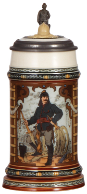 Mettlach stein, .5L, 1724, etched, by C. Warth, Fireman, figural inlaid lid, mint.