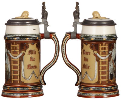 Mettlach stein, .5L, 1724, etched, by C. Warth, Fireman, figural inlaid lid, mint. - 2