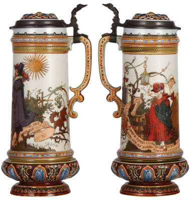 Mettlach stein, 2.4L, 14.6" ht., 2065, etched, by H. Schlitt, inlaid lid, two small base chips, otherwise mint. - 2