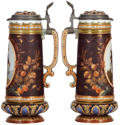 Mettlach stein, 1.4L, 13.2'' ht., 2105, etched, inlaid lid, hairline on edge of base. - 2