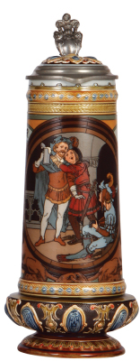 Mettlach stein, 1.4L, 13.6" ht., 2690, etched, by F. Quidenus, inlaid lid, mint.