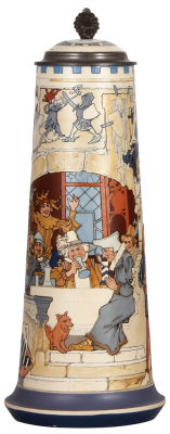 Mettlach stein, 3.1L, 17.1" ht., 2777, etched, inlaid lid, by H. Schlitt, .1" factory bubble flaw on edge of inlay, otherwise mint.