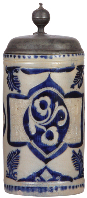Stoneware stein, 10.3'' ht., mid 1700s, WesterwŠlder Walzenkrug, relief, incised, blue saltglaze, pewter lid, dated 1794, good pewter strap repair, small base chip.