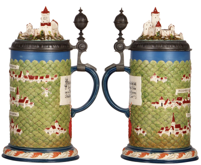 Mettlach stein, 3.8L, 15.8" ht., 2038, decorated relief, Rodenstein, inlaid lid, mint.             - 2