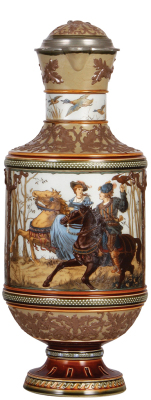 Mettlach stein, 4.5L, 18.0" ht., 1690, etched, inlaid lid, inlay finial missing, otherwise mint.