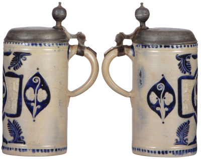 Stoneware stein, 10.3'' ht., mid 1700s, WesterwŠlder Walzenkrug, relief, incised, blue saltglaze, pewter lid, dated 1794, good pewter strap repair, small base chip. - 2