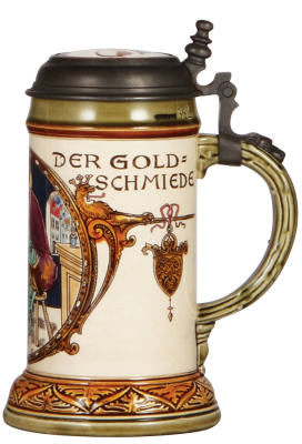 Mettlach stein, .5L, 2726, etched & glazed, Goldsmith Occupation, inlaid lid, mint. - 2