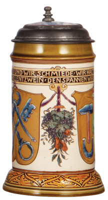 Mettlach stein, .5L, 2729, etched & glazed, Blacksmith Occupation, inlaid lid, excellent repair of hairline on inlay, body mint.