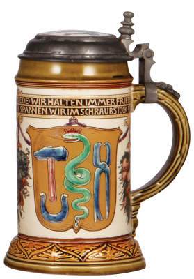 Mettlach stein, .5L, 2729, etched & glazed, Blacksmith Occupation, inlaid lid, excellent repair of hairline on inlay, body mint. - 2