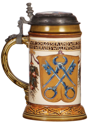 Mettlach stein, .5L, 2729, etched & glazed, Blacksmith Occupation, inlaid lid, excellent repair of hairline on inlay, body mint. - 3