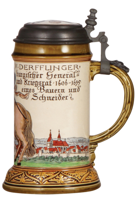 Mettlach stein, .5L, 2720, etched & glazed, Tailor Occupation, inlaid lid, small shallow chip on underside base edge, otherwise mint.             - 2