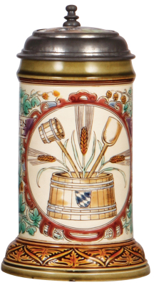 Mettlach stein, .5L, 2728, etched & glazed, Brewer Occupation, inlaid lid, .5" shallow chip on underside rim.