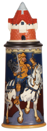 Mettlach stein, 1.0L, 2765, etched, Knight on White Horse, by H. Schlitt, inlaid lid, mint.