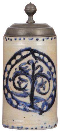 Stoneware stein, 10.0'' ht., late 1700s, Westerwälder Walzenkrug, incised, blue salt glaze, pewter lid, shallow 1'' chip on top rim, otherwise very good condition.