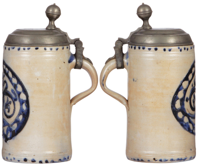 Stoneware stein, 10.0'' ht., late 1700s, Westerwälder Walzenkrug, incised, blue salt glaze, pewter lid, shallow 1'' chip on top rim, otherwise very good condition. - 2