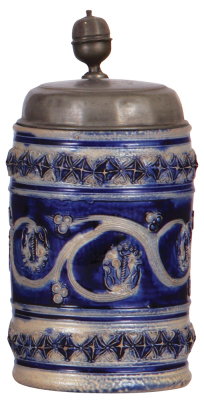 Stoneware stein, 9.1'' ht., early 1700s, WesterwŠlder Walzenkrug, applied relief, incised, blue saltglaze, pewter lid, small chip on bottom of handle, minor glaze flakes, hairline on bottom.