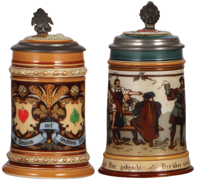 Two Mettlach steins, .5L, 1394, etched, inlaid lid, mint; with, .5L, 2028, etched, inlaid lid, mint.