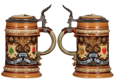 Two Mettlach steins, .5L, 1394, etched, inlaid lid, mint; with, .5L, 2028, etched, inlaid lid, mint. - 2