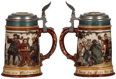 Two Mettlach steins, .5L, 1394, etched, inlaid lid, mint; with, .5L, 2028, etched, inlaid lid, mint. - 3