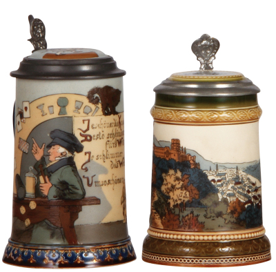 Two Mettlach steins, .3L, 2090, etched, inlaid lid, by H. Schlitt, slight glaze browning inside on inlay, otherwise mint; with, .3L, 2277, etched, Heidelberg, inlaid lid, mint.