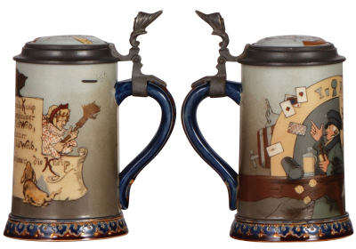 Two Mettlach steins, .3L, 2090, etched, inlaid lid, by H. Schlitt, slight glaze browning inside on inlay, otherwise mint; with, .3L, 2277, etched, Heidelberg, inlaid lid, mint. - 2