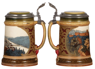 Two Mettlach steins, .3L, 2090, etched, inlaid lid, by H. Schlitt, slight glaze browning inside on inlay, otherwise mint; with, .3L, 2277, etched, Heidelberg, inlaid lid, mint. - 3