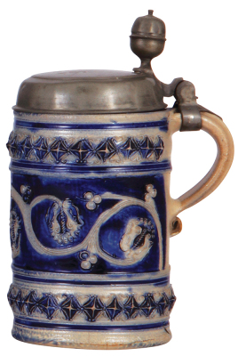 Stoneware stein, 9.1'' ht., early 1700s, WesterwŠlder Walzenkrug, applied relief, incised, blue saltglaze, pewter lid, small chip on bottom of handle, minor glaze flakes, hairline on bottom. - 2