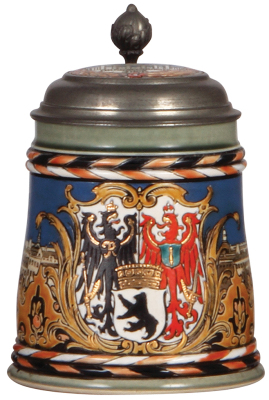 Mettlach stein, .5L, 2024, etched, Berlin, inlaid lid, very small factory flake under glaze on upper rim, mint.